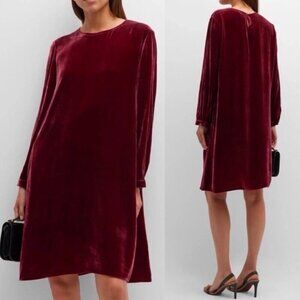 NEW Eileen Fisher Size XXS 2XS Ruby Red Silk Velvet Crew Neck Knee Length Dress